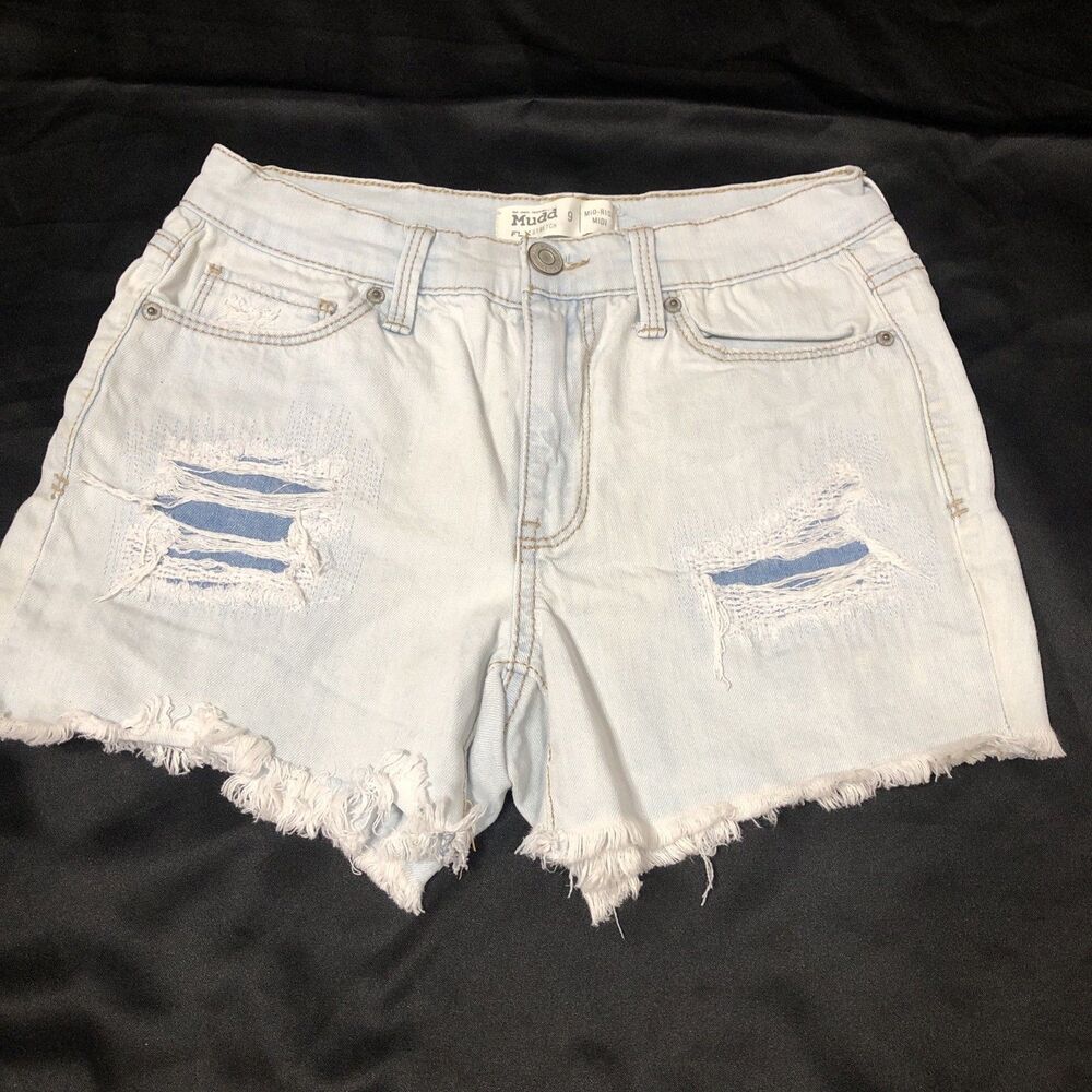 Mudd Shorts, FLX Stretch, Women's 9, Blue Light Wash, Distressed, Mid Rise, Midi